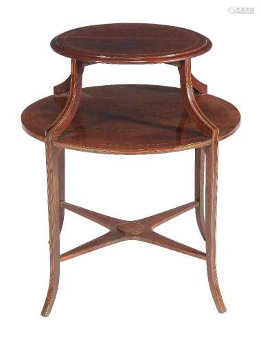 An Edwardian mahogany and inlaid two tier étagère, circa 1905