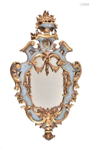 A pair of Italian carved, blue painted and giltwood framed wall mirrors in Baroque taste, 20th centu