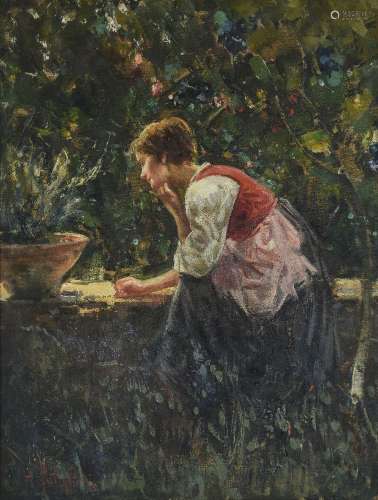 Luca Postiglione (Italian 1876-1936)Young girl sitting in the garden