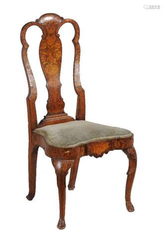 A Dutch walnut marquetry and upholstered side chair, mid 18th century