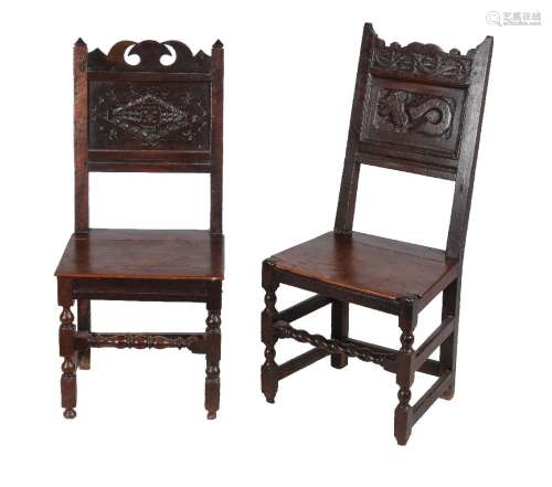 Two similar oak back stools,second half 17th century and later
