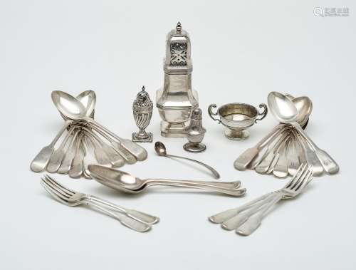 Assorted George III silver fiddle pattern dessert spoons, various makers and dates