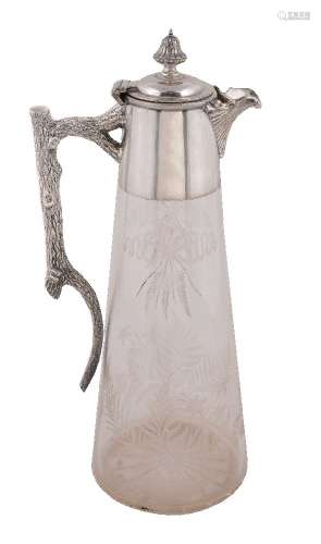 An electro-plate mounted cut and etched glass claret jug, unmarked, circa 1900
