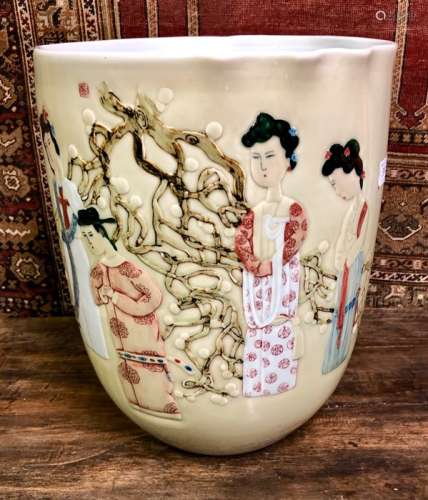 A Contemporary Chinese famille rose vase of tall, cylindrical form, decorated on the exterior with