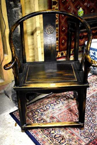 A pair of Chinese wood horseshoe-back chairs; each one with rectangular seat and about 100 cm