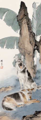 刘奎龄（1885～1967） 蕉荫双犬 立轴 设色纸本