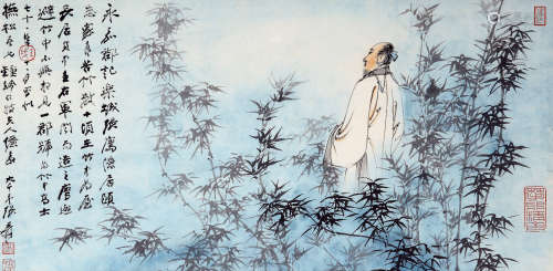 张大千（1899～1983） 1982年作 竹林高士 镜框 设色纸本