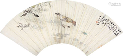 刘奎龄（1885～1967） 1942年作 虫雀图 扇面 设色纸本
