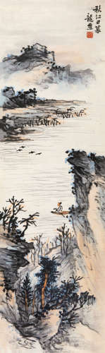 萧谦中（1883～1944） 秋江春暮 镜框 设色纸本