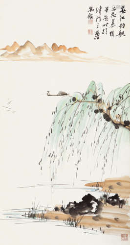 慕凌飞（1913～1997） 春江钓艇 托片 设色纸本