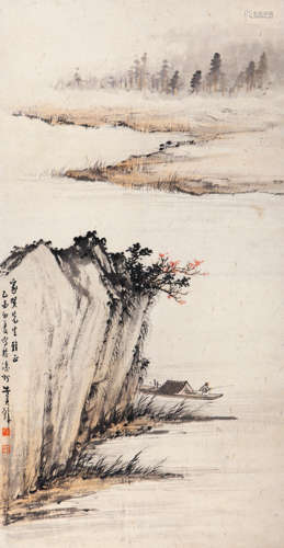 黄君璧（1898～1991） 1945年作 秋江垂钓 立轴 设色纸本