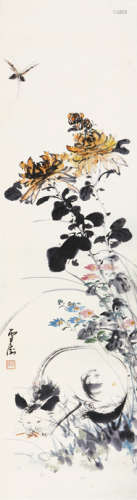 王雪涛（1903～1982） 猫蝶图 立轴 设色纸本