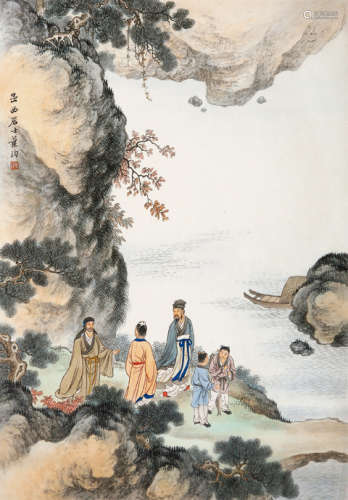 叶昀（1901～1983） 松溪访友 镜框 设色纸本