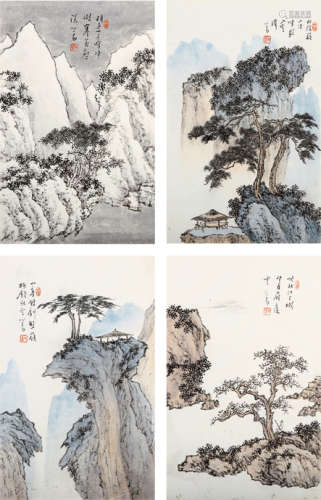 溥儒（1896～1963） 山水诗意 四屏镜框 设色纸本