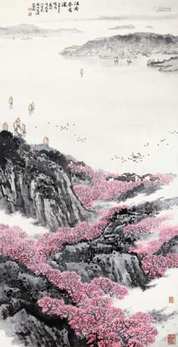 宋文治（1919～1999） 1985年作 江雨春意浓 立轴 设色纸本
