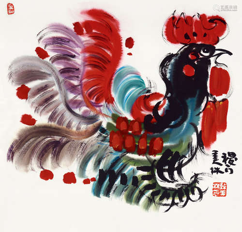 韩美林（b.1936） 红冠加身 镜片 设色纸本