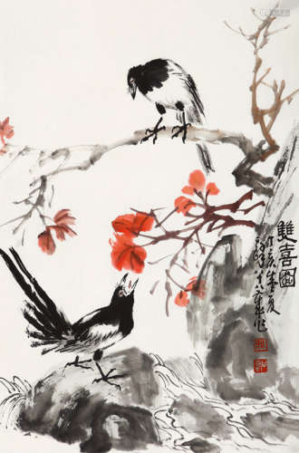 孙其峰（b.1920） 2007年作 双喜图 托片 设色纸本