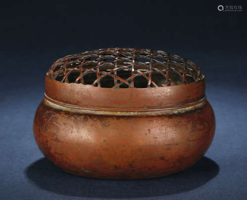 清早期 红铜镂空藤编式手炉