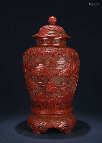 清中期 铜胎漆红人物故事纹将军罐
