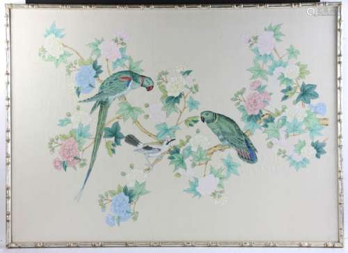Chinese Floral and Bird Watercolor on Silk