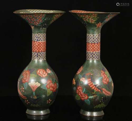 Pair of Cloisonne Vases, Bird and Flower Motif