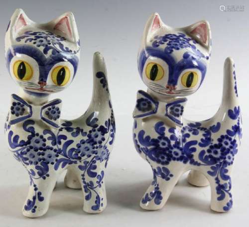 Pair of Italian Blue and White Pottery Cats