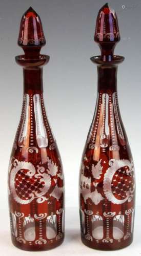 Pair of Bohemian Cut Ruby Glass Decanters