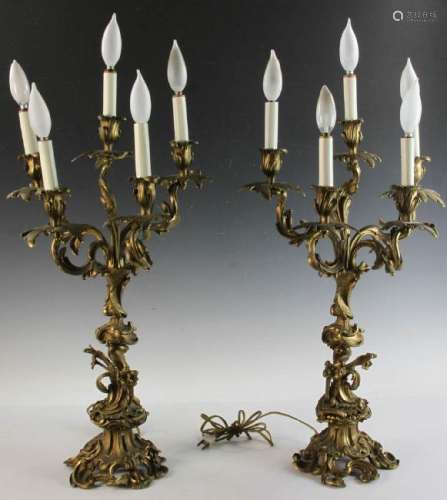 Pair of Bronze Five Light Table Sconces