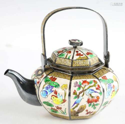Chinese Enameled Silver Teapot