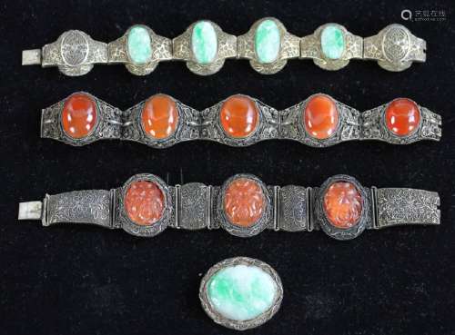 Four Chinese Silver Bracelets and Pin