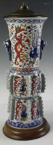 Chinese Famille Verte Gu Form Vase Lamp