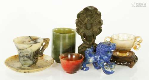 Lapis Dog, Agate and Jade Cups, Bronze