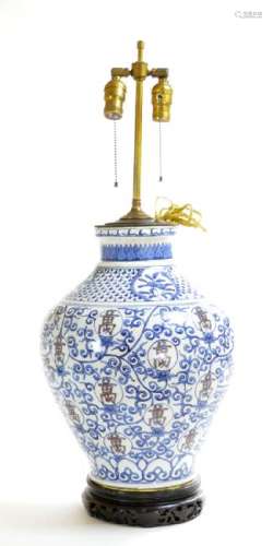 Large Chinese Blue and White Porcelain Lamp