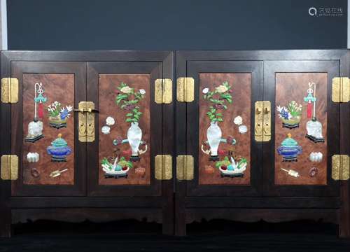 Hard Wood Cabinet with Stone Inlay Door Panels