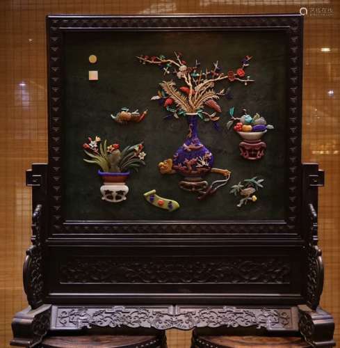 Green Jade & Zitan Wood Table Screen with Stone Inlay