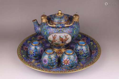 Cloisonne Enamel Bronze Teapot Set With Stone & Mark