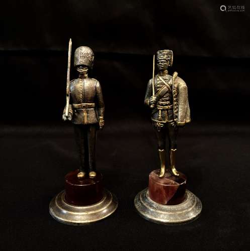 Pair of Bronze Soldiers on Stone Base
