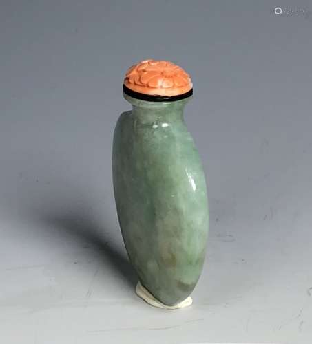 Jadeite Snuff Bottle Spade Shaped with Coral Top