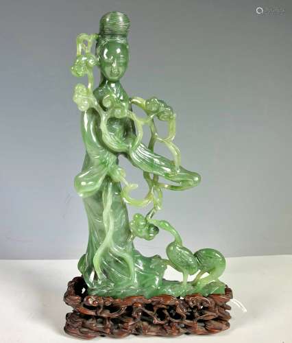 Finely Carved Green Jade GuanYin with Cranes
