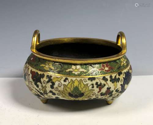 Cloisonne Enamel and Gilt Tripod Censer with Mark