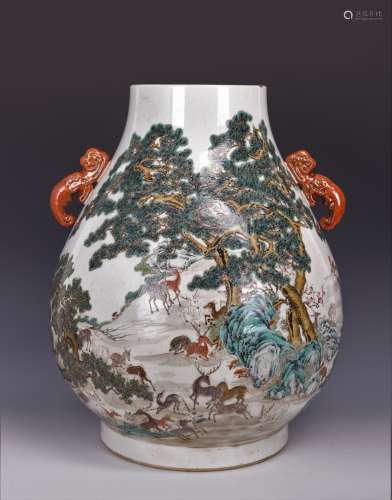 Famille Rose 'Hundred Deer' Porcelain Vase with Mark