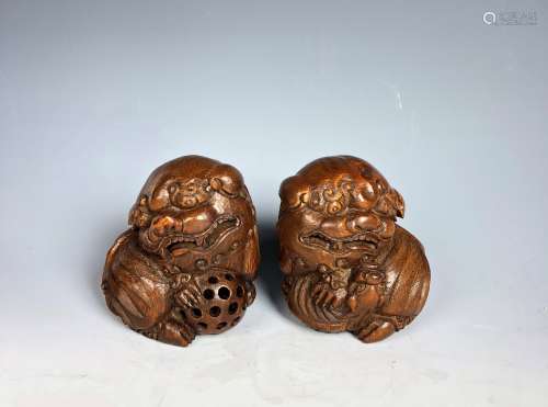 Pair of Carved Wood Foo Dogs