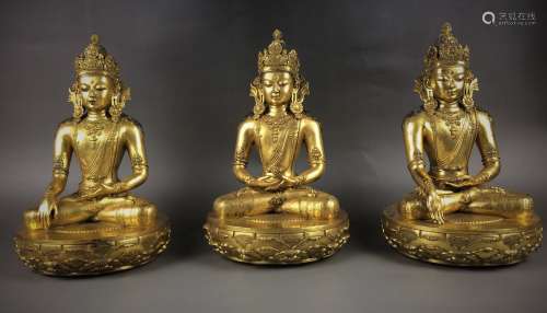 Three Gilt Bronze Figures of  GuanYin
