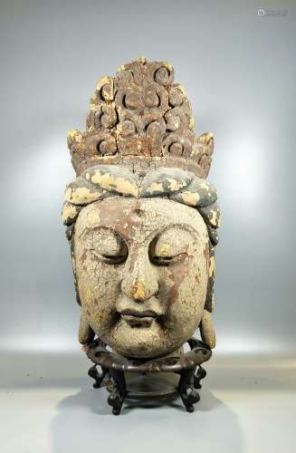 Large Carved Wood Head of GuanYin