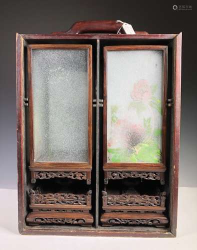 Pair of Reverse Painted Glass Lanterns with Storage Box