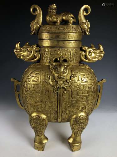 Large Gilt Bronze Animal Vessel with Cover and Mark