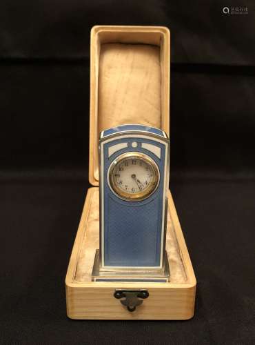 Miniature Silver Blue Enamel Desk Clock
