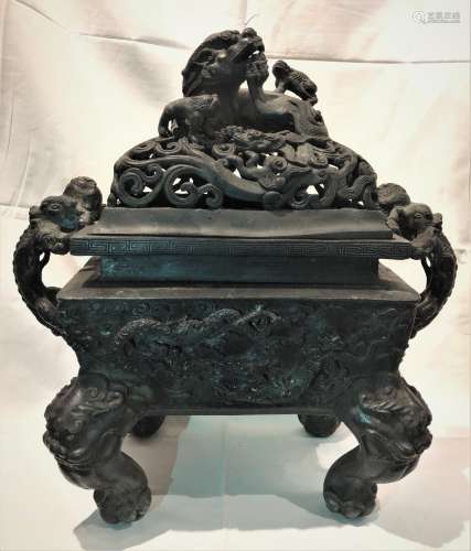 Large Bronze Imperial Guardian Lion Censer with Mark