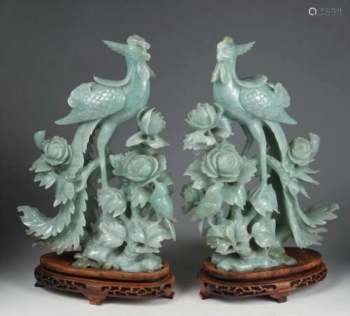 Pair of Carved Jadeite Phoenix