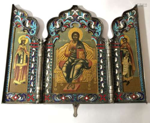 Russian Icon in 84 Silver Enamel Triptych Frame